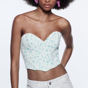 Zara Floral Corset Crop Top Blue & White